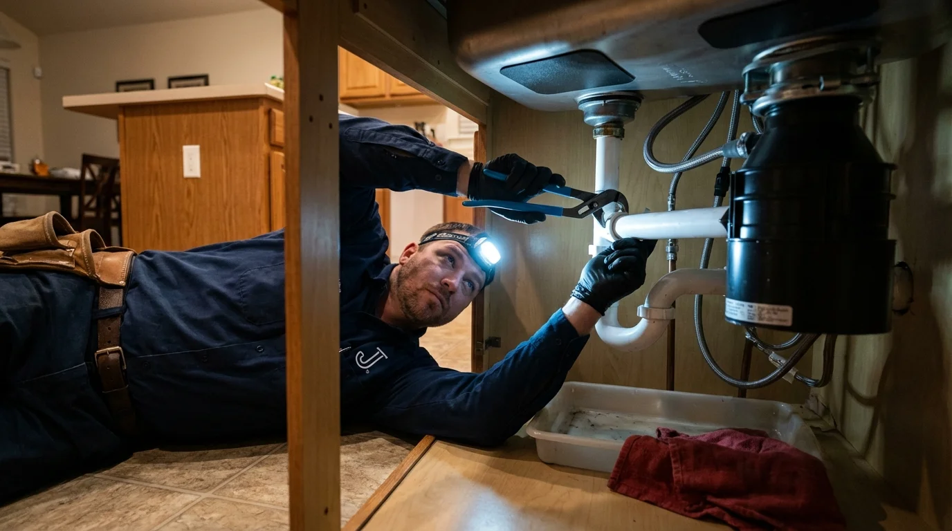 P-trap and supply line connections under a kitchen sink showing a common leak point in Kingston, TN